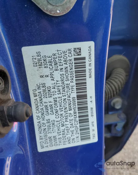 2021 Honda Civic Lx z USA, uszkodzony, nr VIN 2HGFC2F6XMH538989